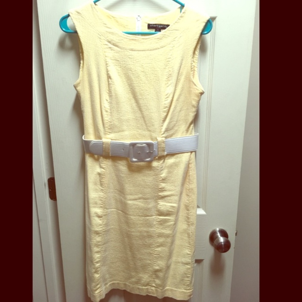 Sharagano yellow and white striped fitted dress